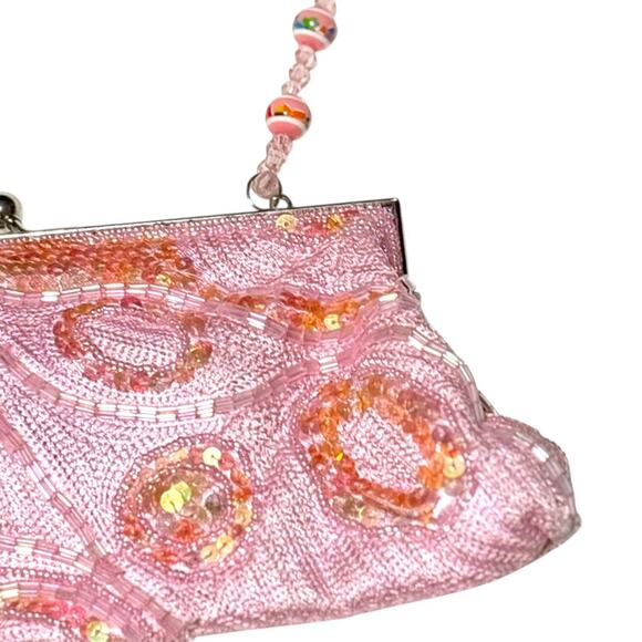 Small Light Pink Sequin Purse w/ Beaded Curved Strap - Multicolor Shimmer - Picture 6 of 7